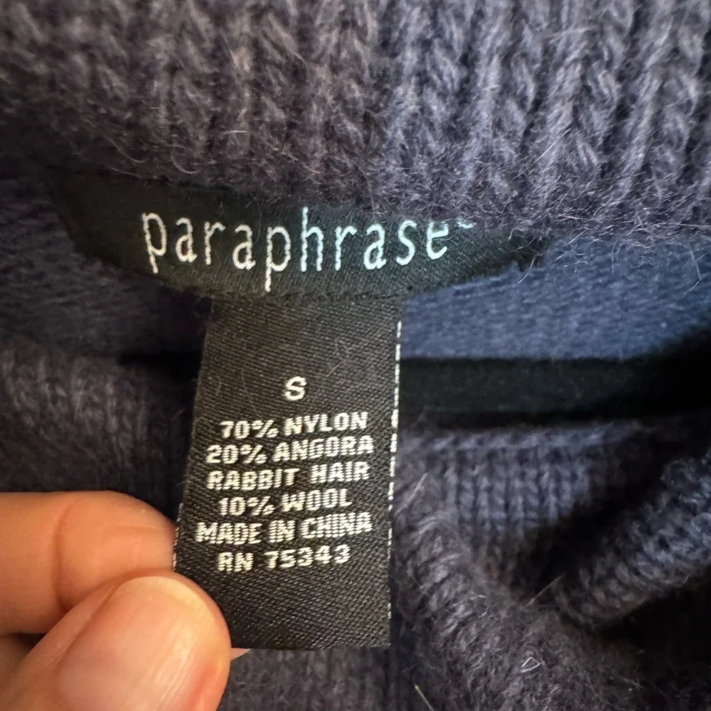 ANGORA PARAPHRASE Rabbit Wool Blue Cowl Neck Short sleeve Sweater Holiday SM EUC